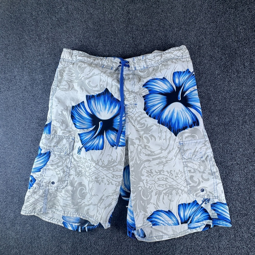 Ocean Pacific Board Shorts Mens 34x10.5 White Blue Hibiscus Floral Cargo Pockets